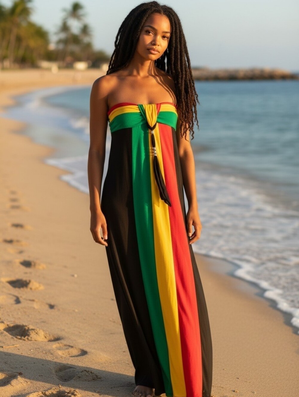 Rasta Reggae Inspired Maxi Dress Strapless Color Block Boho